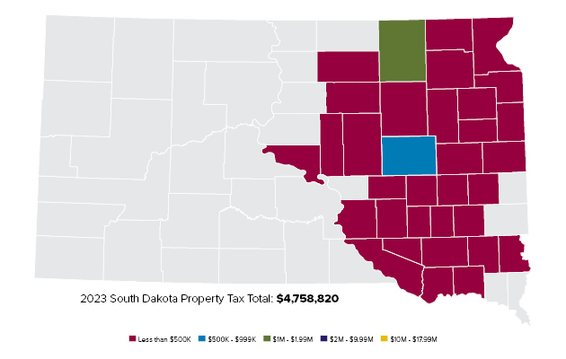A map showing the property taxes paid in South Dakota